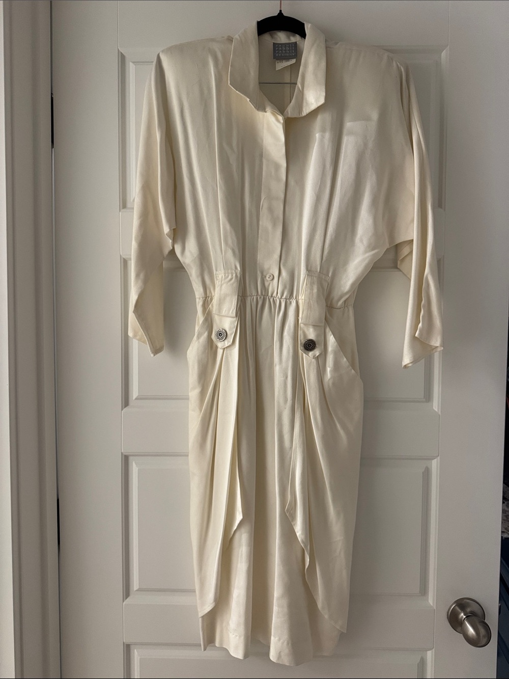 Vintage 80s Rabbit Rabbit Rabbit Designs Ivory Rayon Draped Batwing Dress 6 - Picture 5 of 11